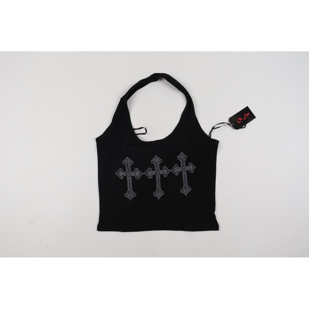 On Fire Halter Top Rhinestone Cross Black Graphic Medium NWT